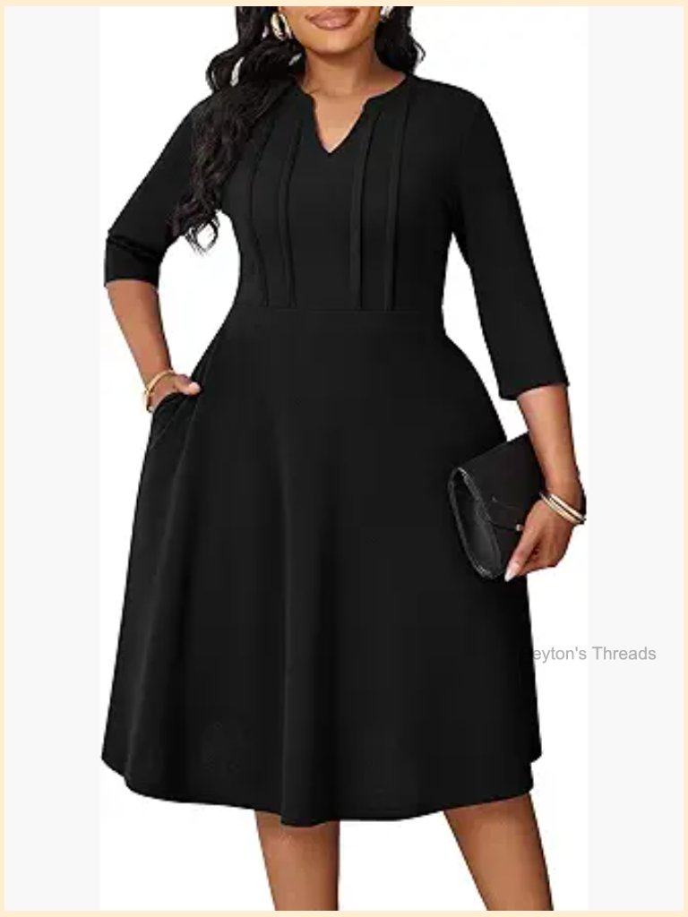 Plus Size A-Line Midi Dress V-Neck 3/4 Sleeve With Pockets Polyester